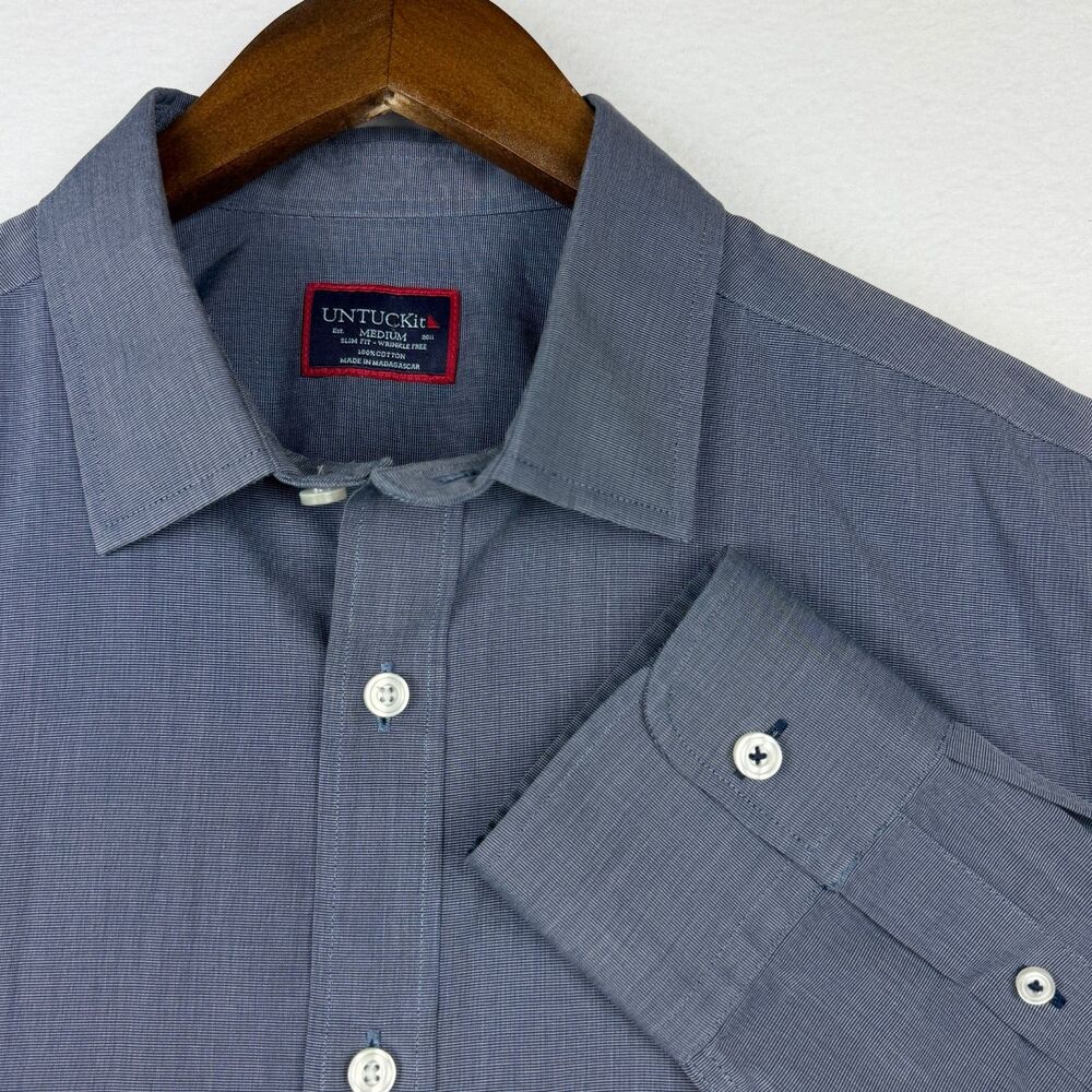 UNTUCKit Men's Medium Blue/Gray Slim Fit Wrinkle Free Cotton Button Up Shirt